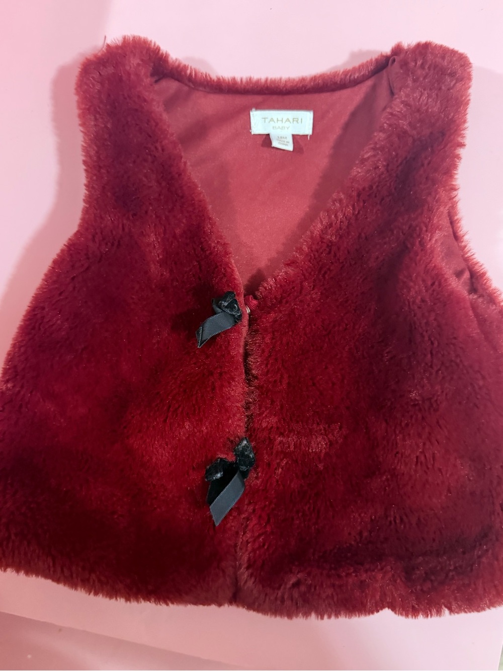 Tahari Baby Faux Fur Vest in Burgundy with Black Bows